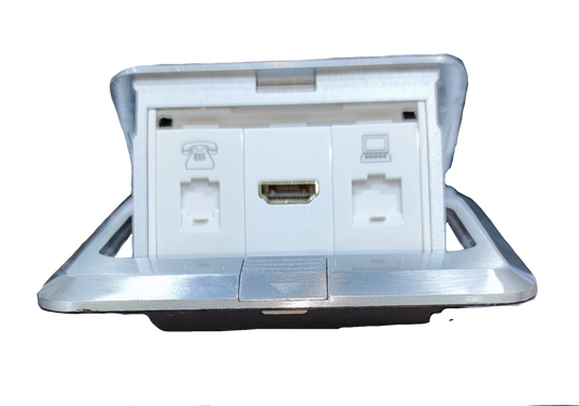 White floor pop-up outlet with HDMI and network jacks and telephone port floor pop-up outlet HDMI - CAT6 - telephone