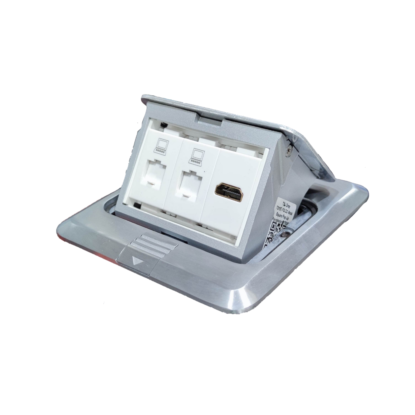 T and J pop-up box with HDMI and CAT6 recessed floor outlet for conference tables and workstations