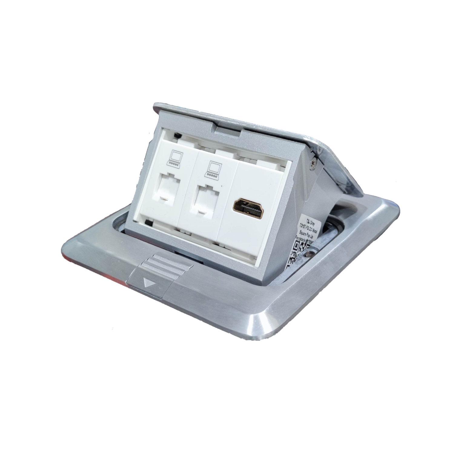 T and J pop-up box with HDMI and CAT6 recessed floor outlet for conference tables and workstations