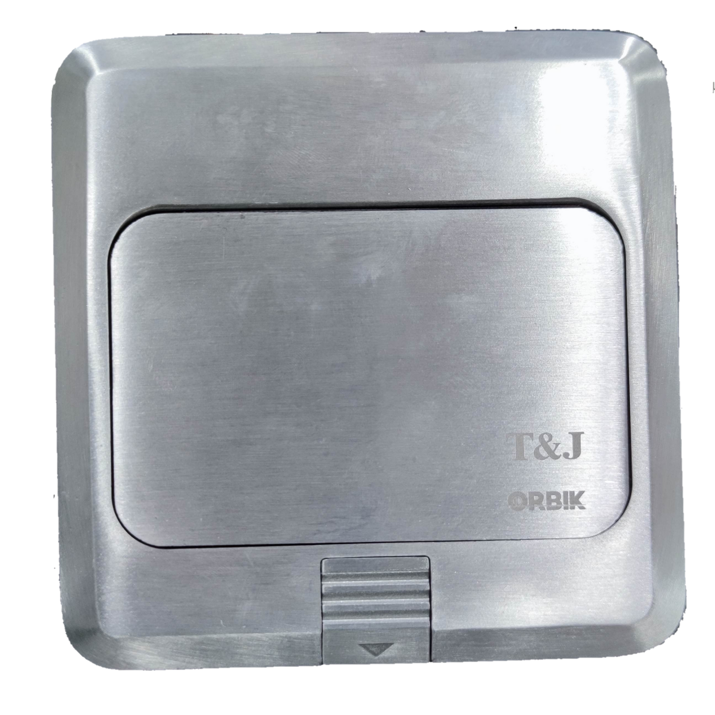 TJ stainless steel floor power outlet pop-up box with HDMI and CAT6 . recessed lid and cable access