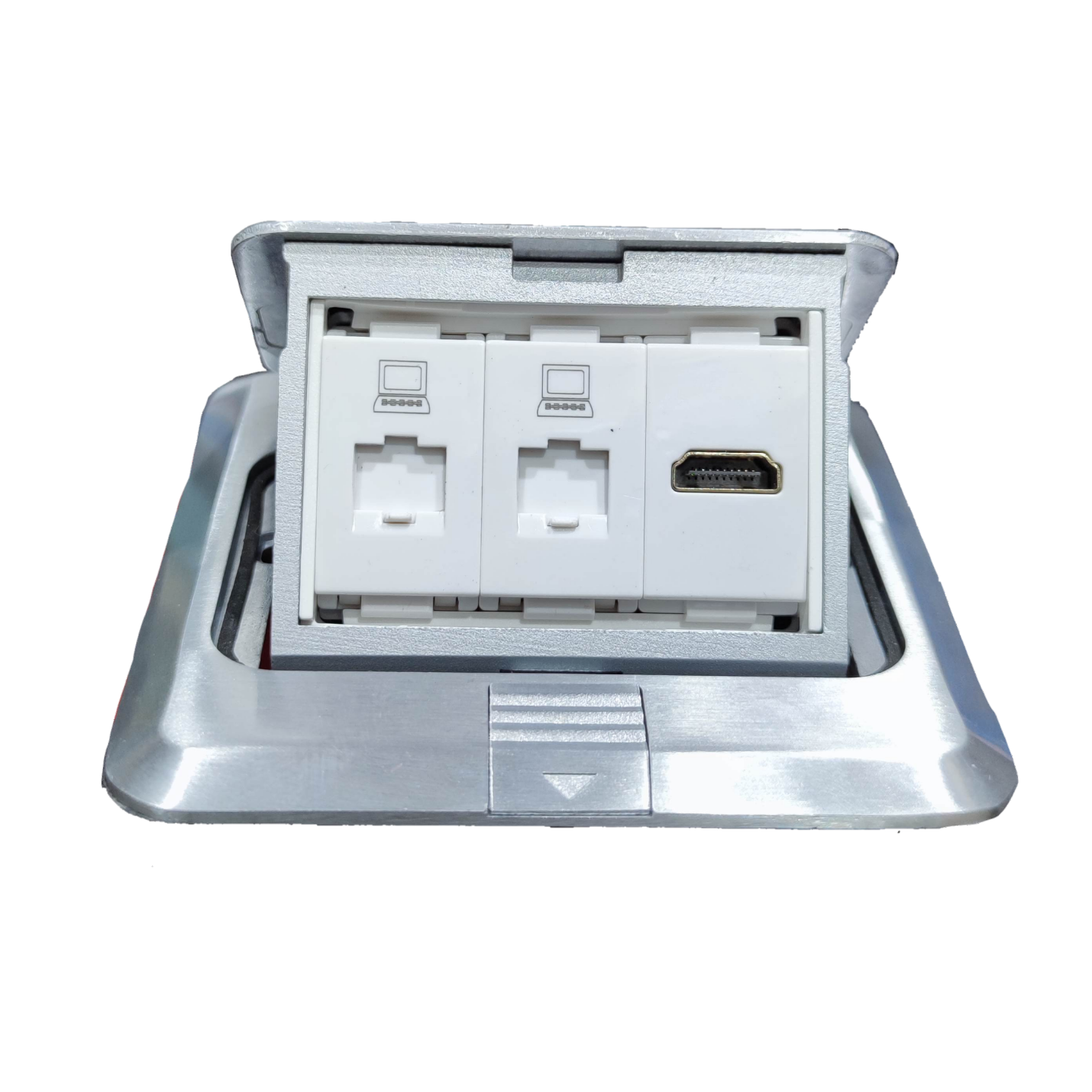 T and J pop-up box with HDMI and CAT6 . Silver desktop outlet with two RJ45 ports and HDMI jack