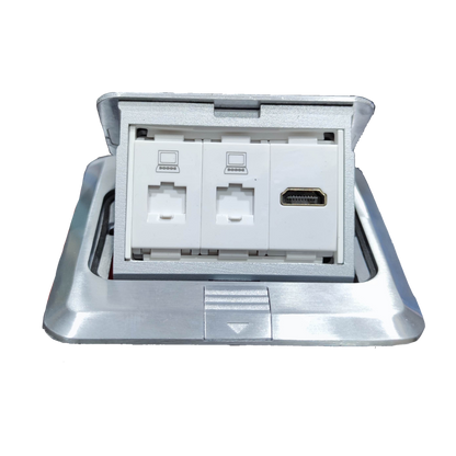 T and J pop-up box with HDMI and CAT6 . Silver desktop outlet with two RJ45 ports and HDMI jack