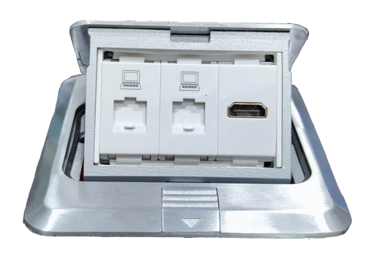 T and J pop-up box with HDMI and CAT6 . Silver desktop outlet with two RJ45 ports and HDMI jack