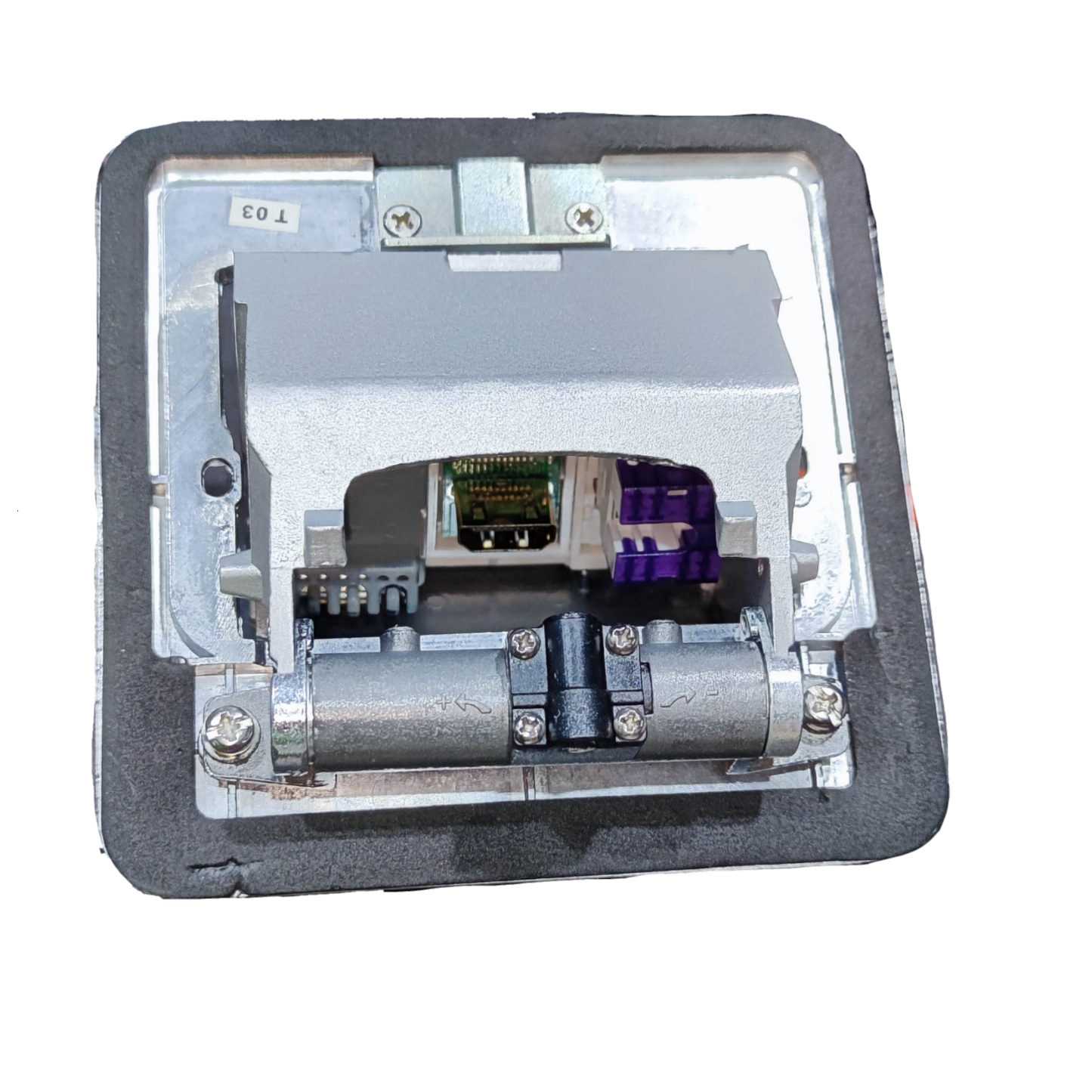T and J recessed metal pop-up box with HDMI and CAT6 ports showing internal hinge and connector layout