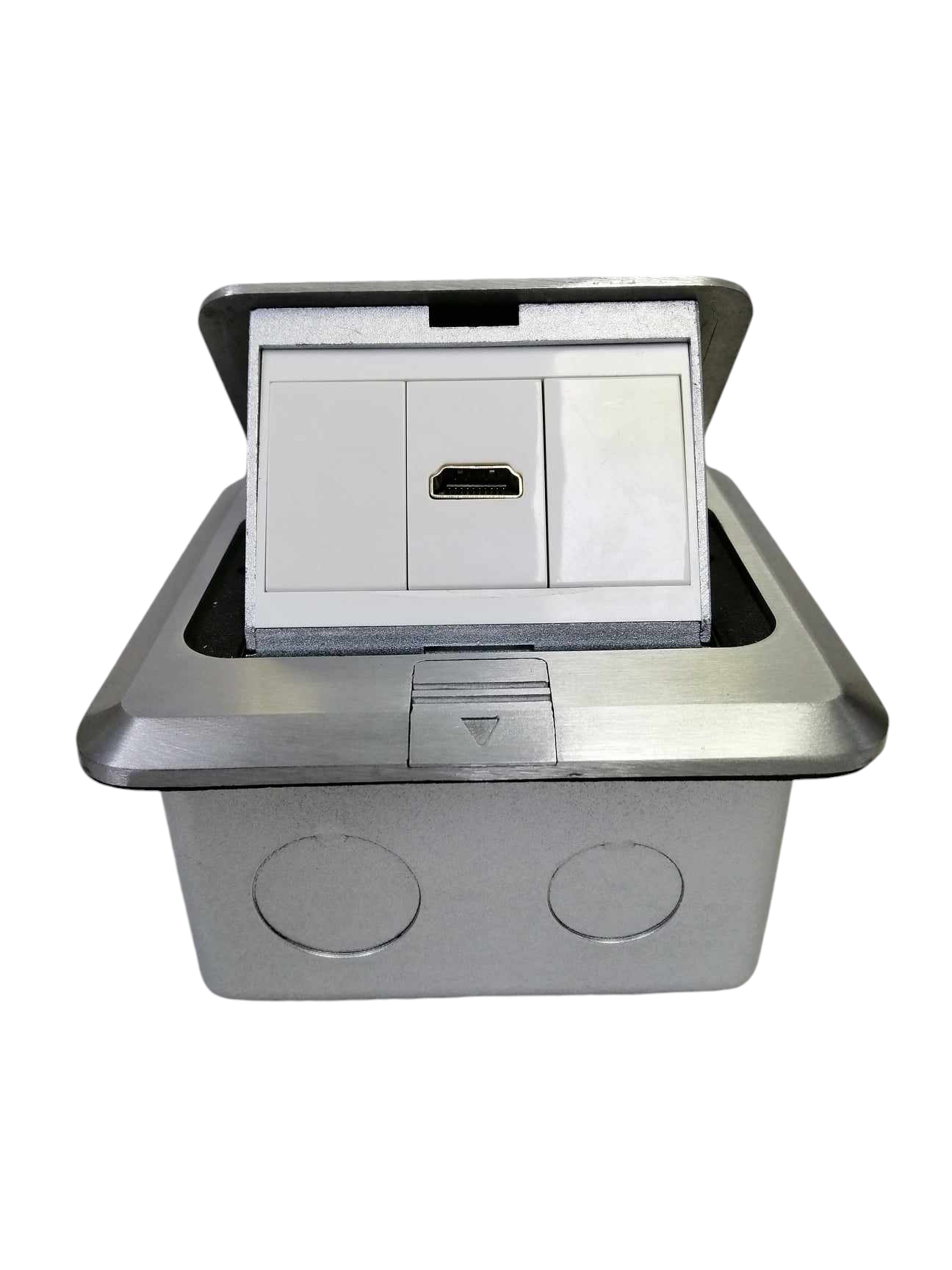 T&J Pop up 1 Gang HDMI Outlet with metallic frame for convenient cable access and connectivity