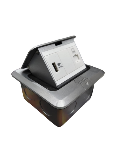 T&J Pop up Floor Outlet LAN with USB-A featuring LAN port and USB-A charging socket in metal casing