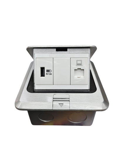T&J Pop up Floor Outlet LAN with USB-A featuring USB charging port and LAN network socket in metal casing