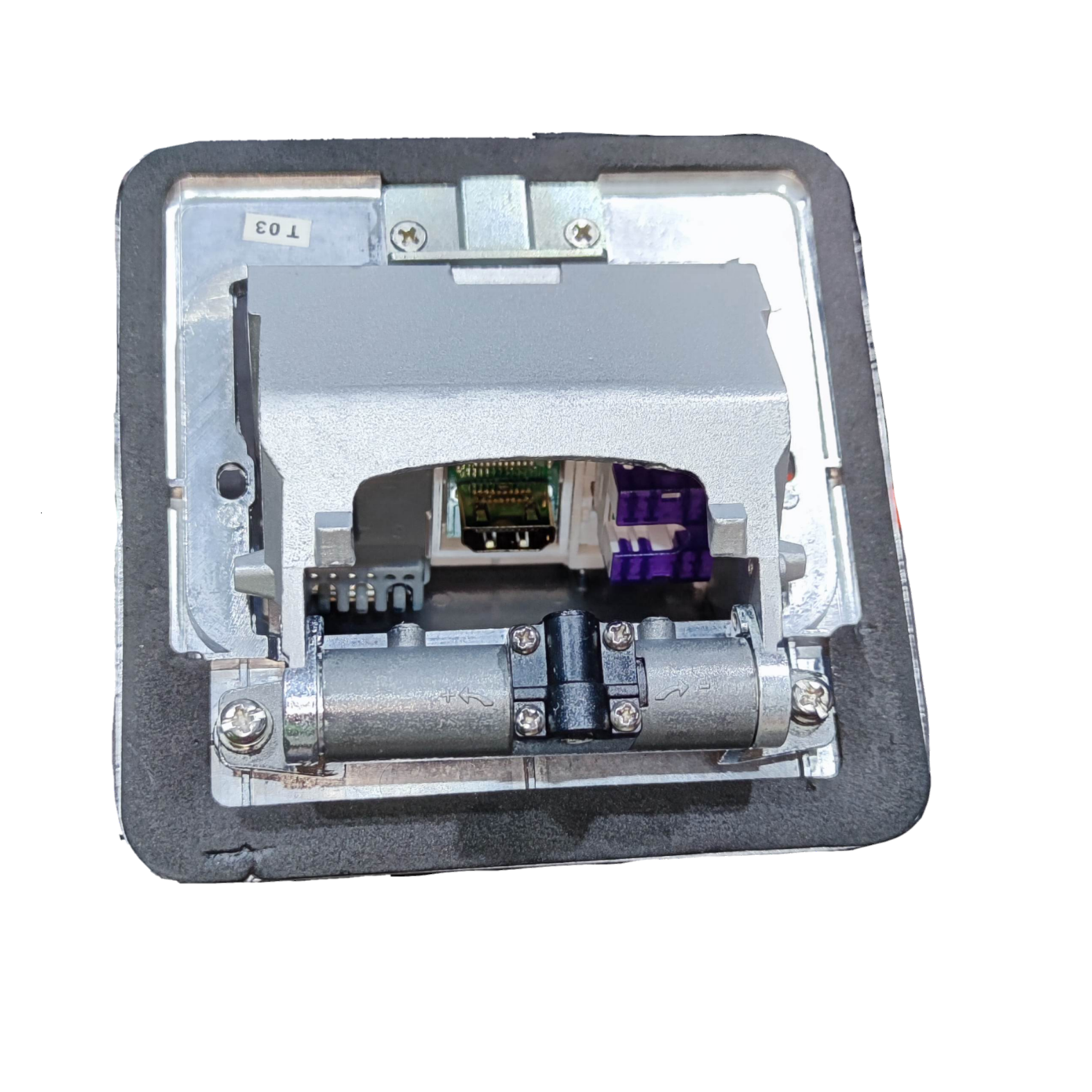 T&J Pop up Floor Outlet LAN with Voice showing metal frame and internal wiring components