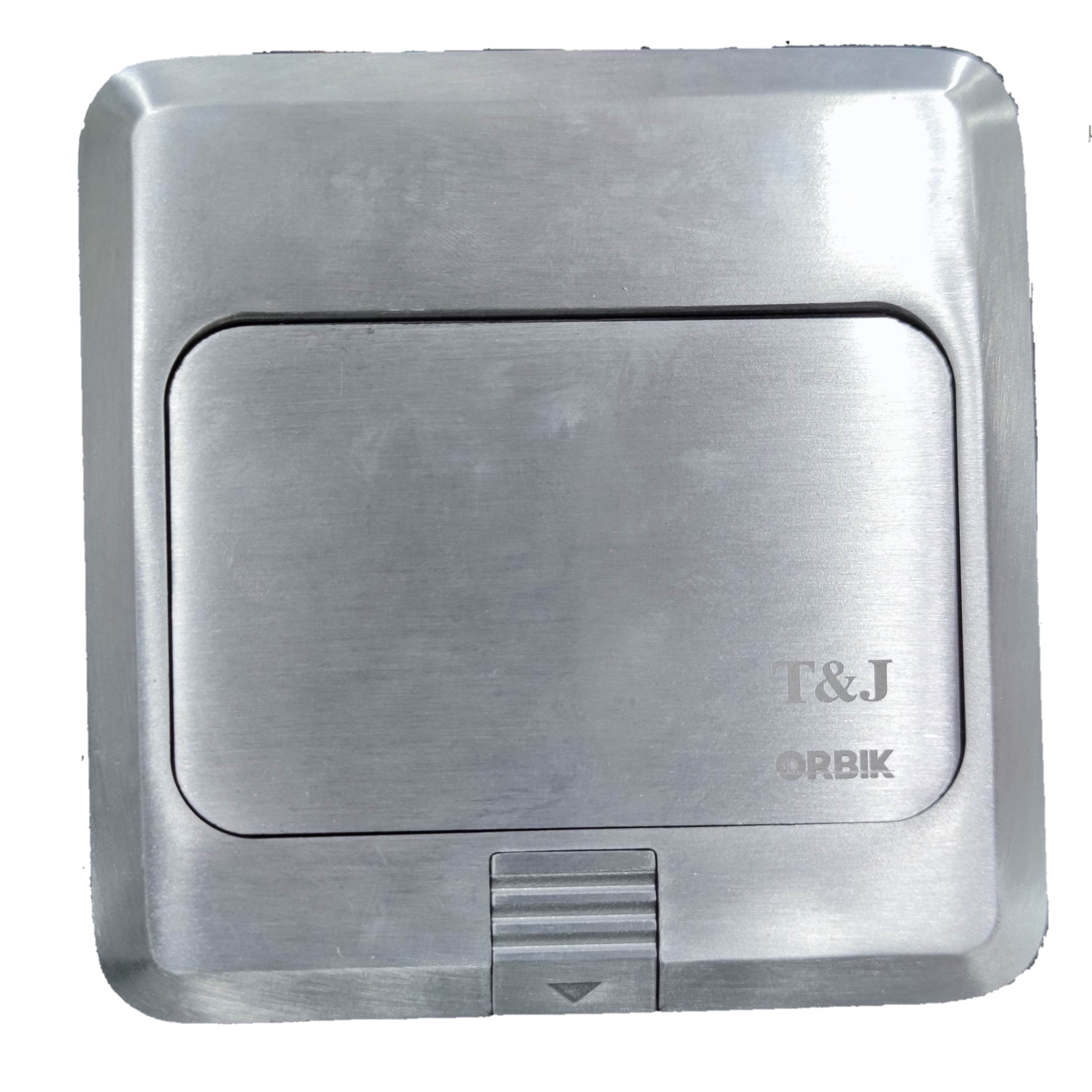 T&J Pop up Floor Outlet LAN with Voice stainless steel cover closed on black background