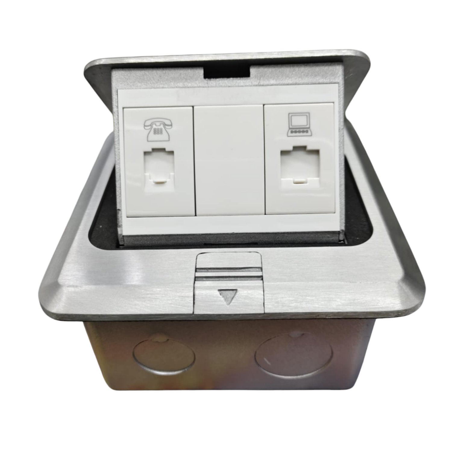 T&J Pop up Floor Outlet LAN with Voice featuring dual ports for telephone and computer connections
