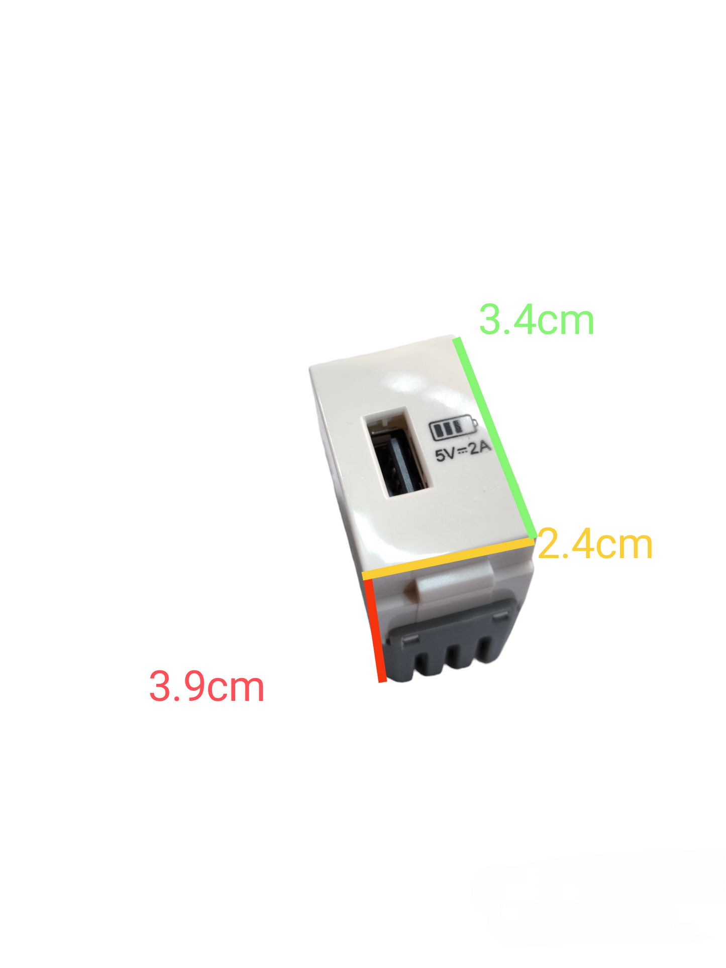T&J USB Outlet Device 5V 2A compact white USB power point with size dimensions