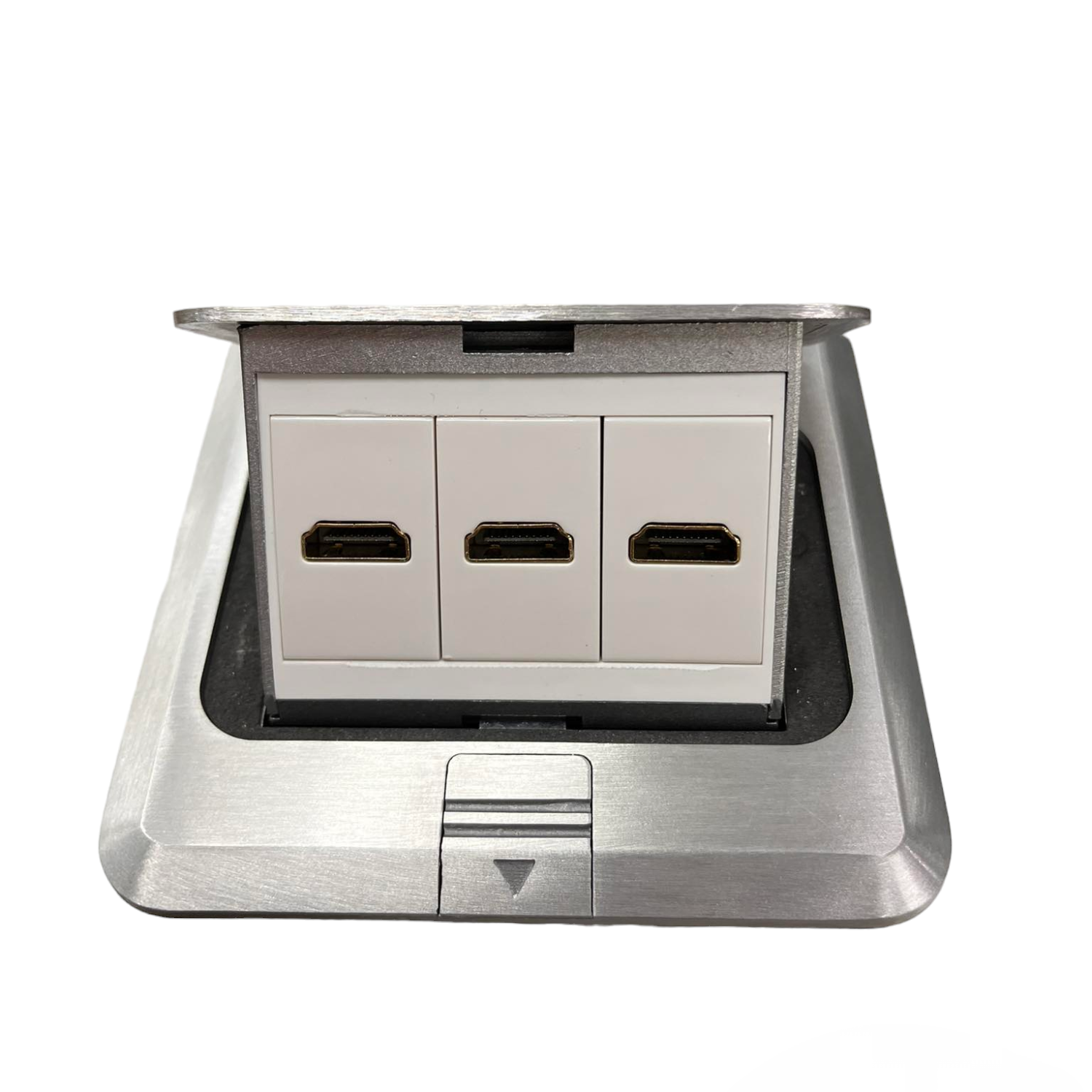 T&J Floor Outlet 3 Gang HDMI Outlet with stainless steel frame for recessed installation