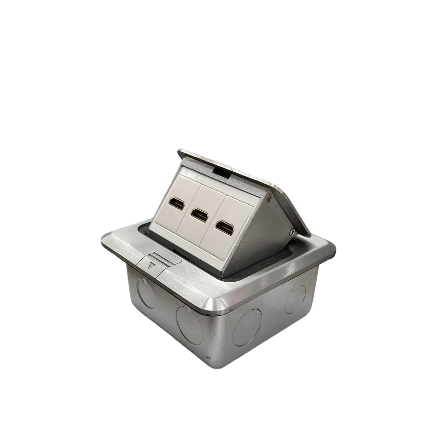 T&J Floor Outlet 3 Gang HDMI Outlet with metallic finish and three HDMI ports for in-floor installation