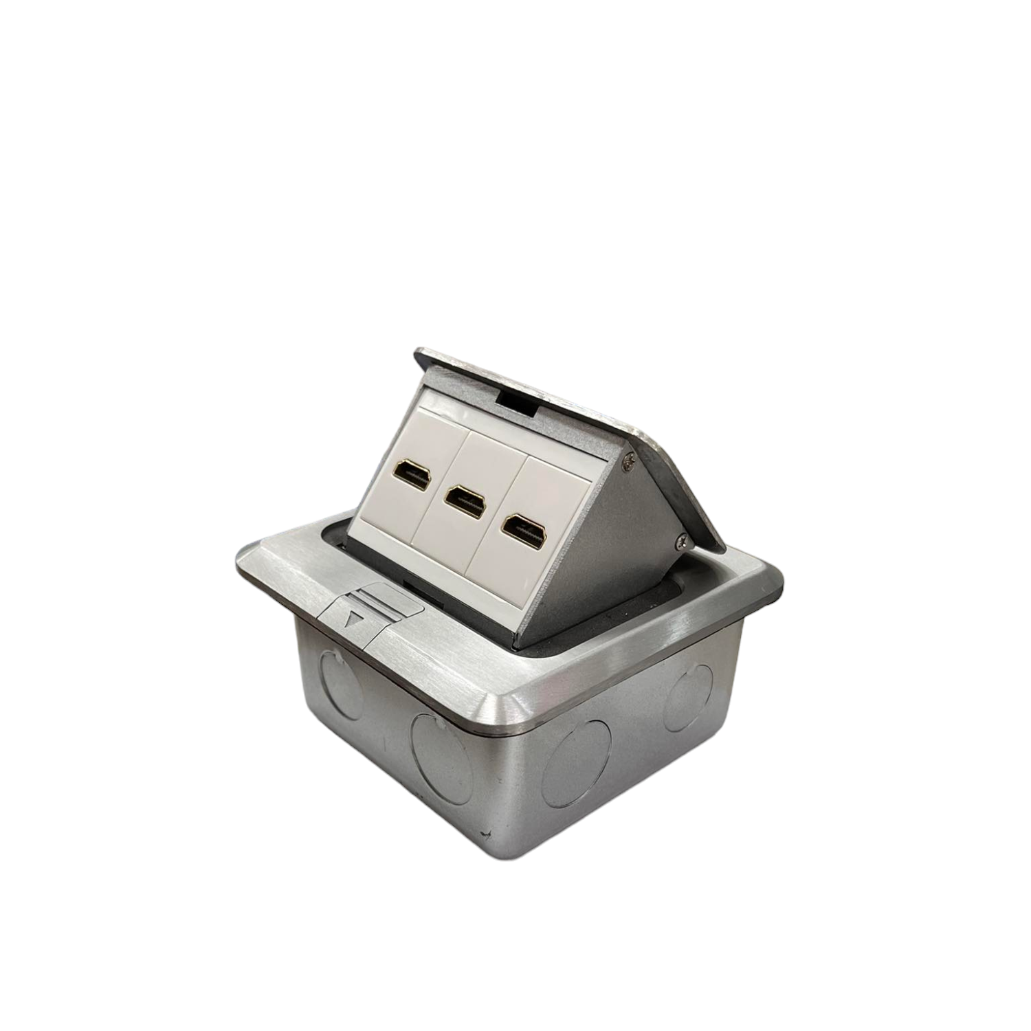 T&J Floor Outlet 3 Gang HDMI Outlet with metallic finish and three HDMI ports for in-floor installation