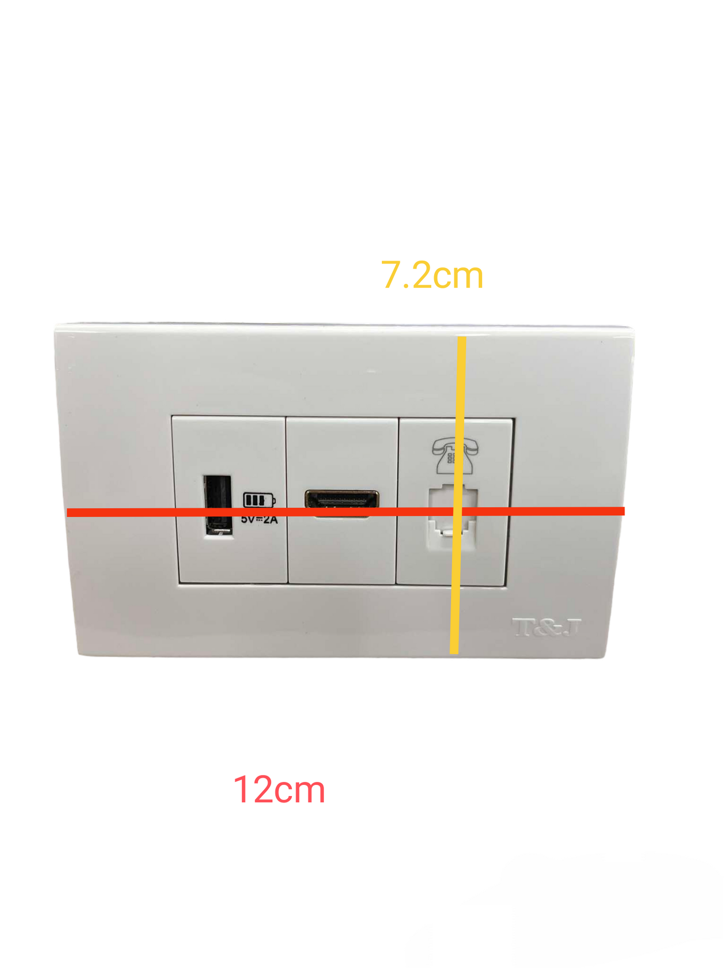 T&J telephone outlet with plate cover including USB and HDMI ports in white rectangular design