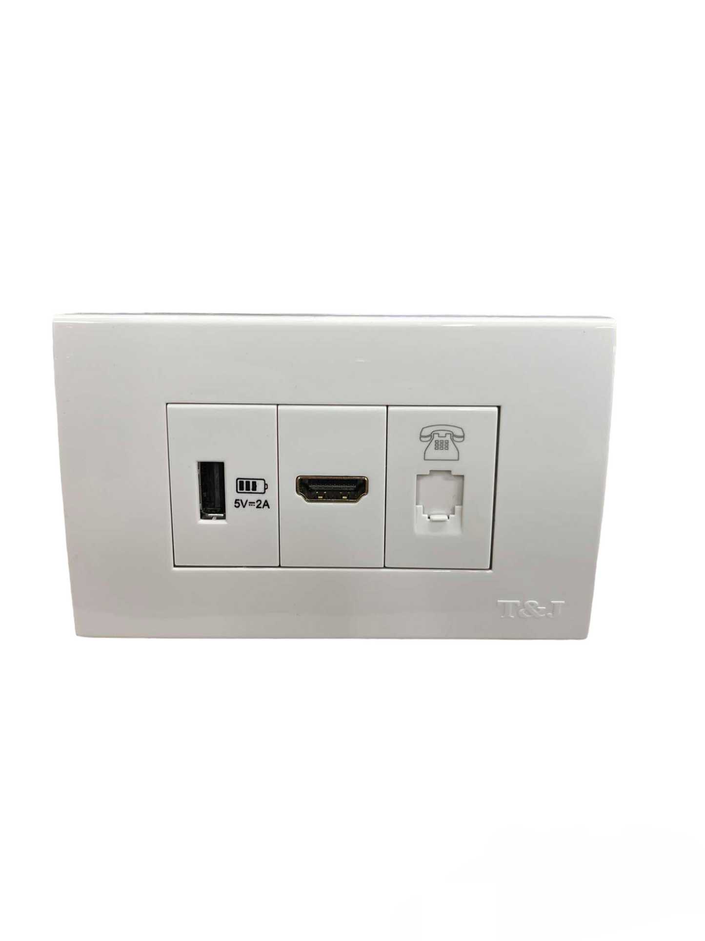 T&J Telephone Outlet with Plate cover featuring USB and HDMI ports in white power point switch plug