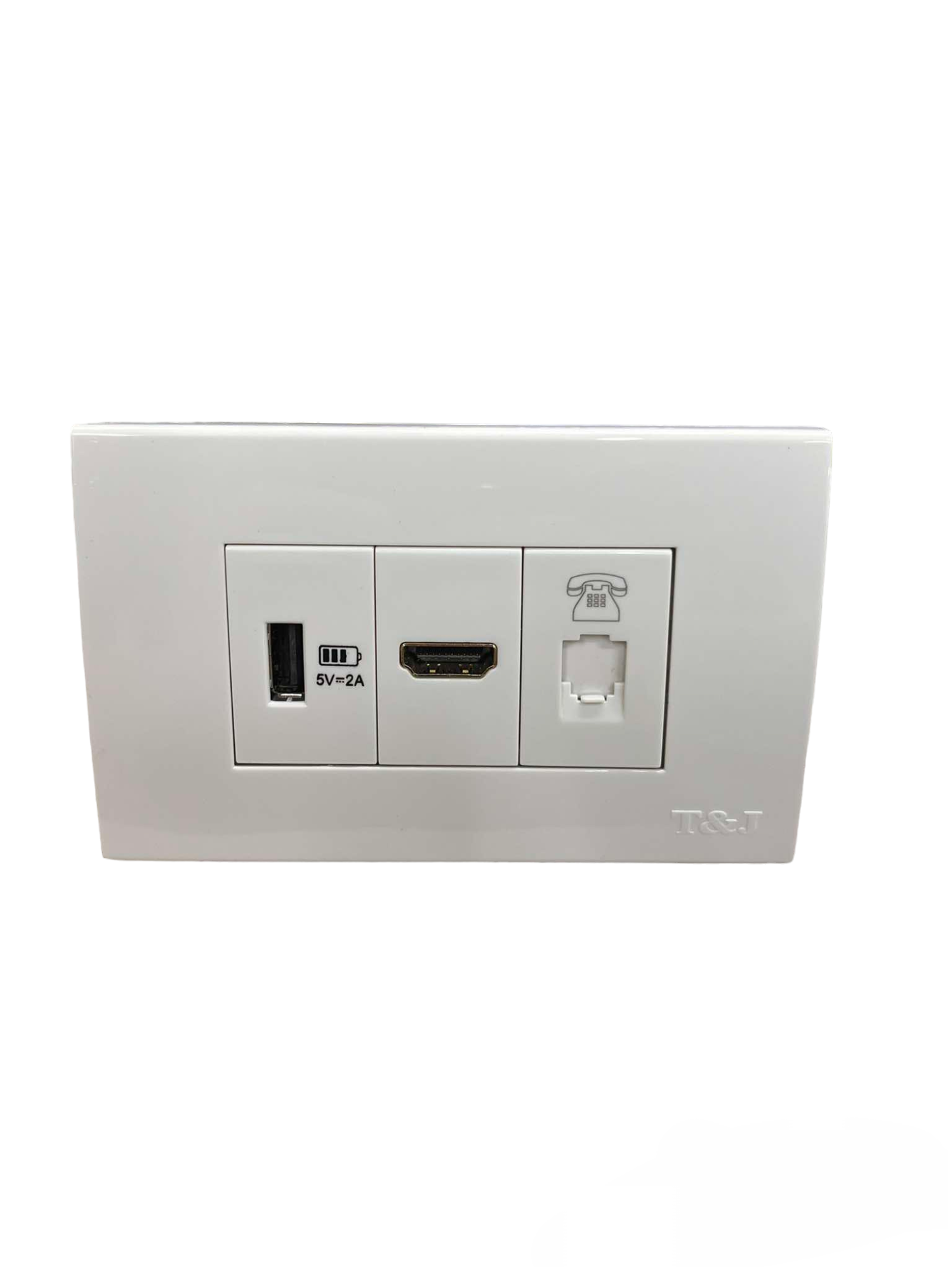 T&J Telephone Outlet with Plate cover featuring USB and HDMI ports in white power point switch plug