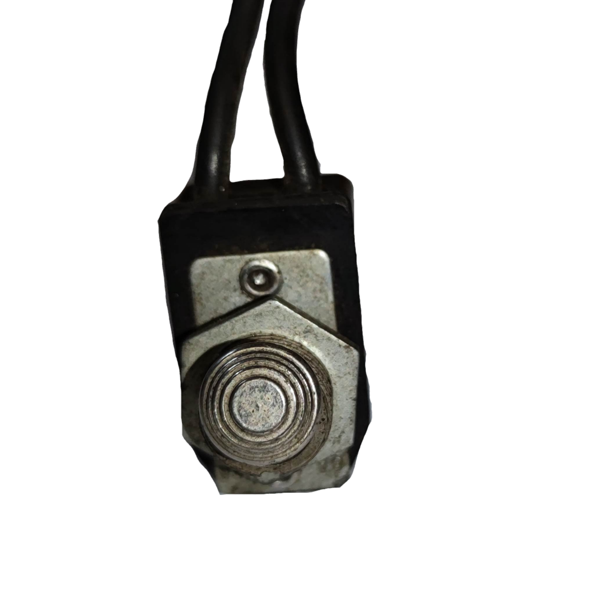 Toggle Switch 4A 250V USA with metal button and attached black wires for power control