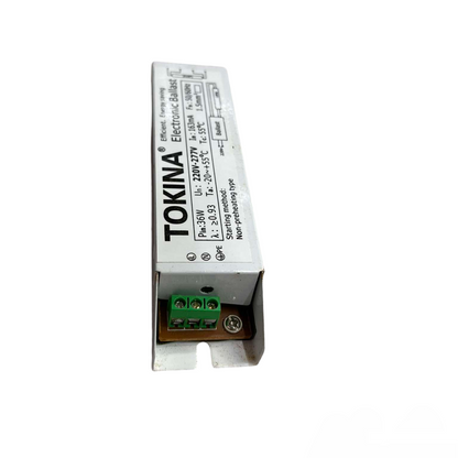 Tokina 1x36W Electronic Ballast 220V lighting installation accessory with white casing and green terminal block