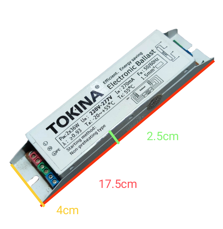 Tokina 2x40W Electronic Ballast 220V white electronic ballast with wiring details and size measurements