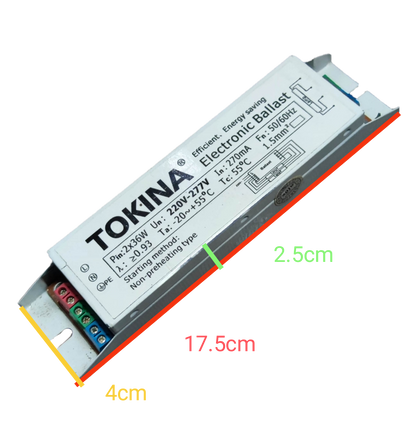Tokina 2x40W Electronic Ballast 220V white electronic ballast with wiring details and size measurements