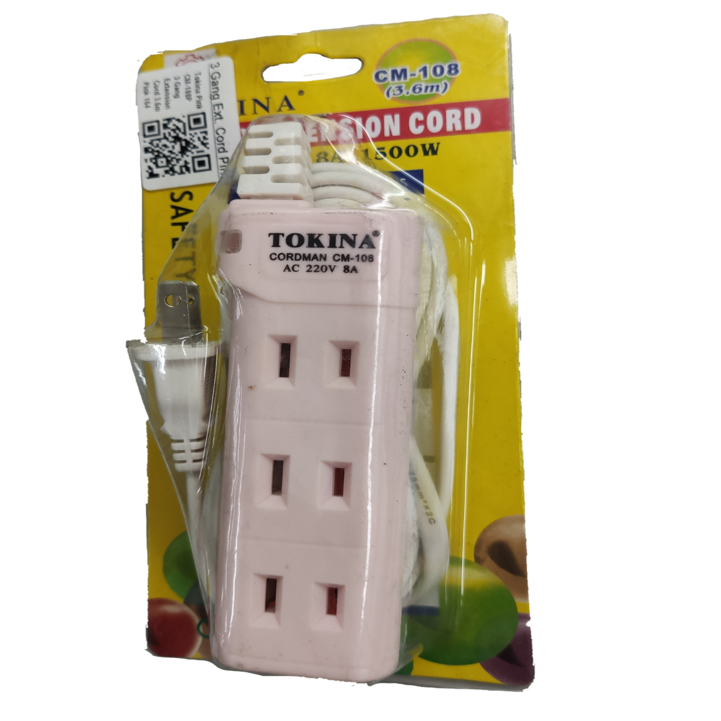 Tokina extension cord 3 gang power strip with three outlets and 3.6 meters cord length in packaging