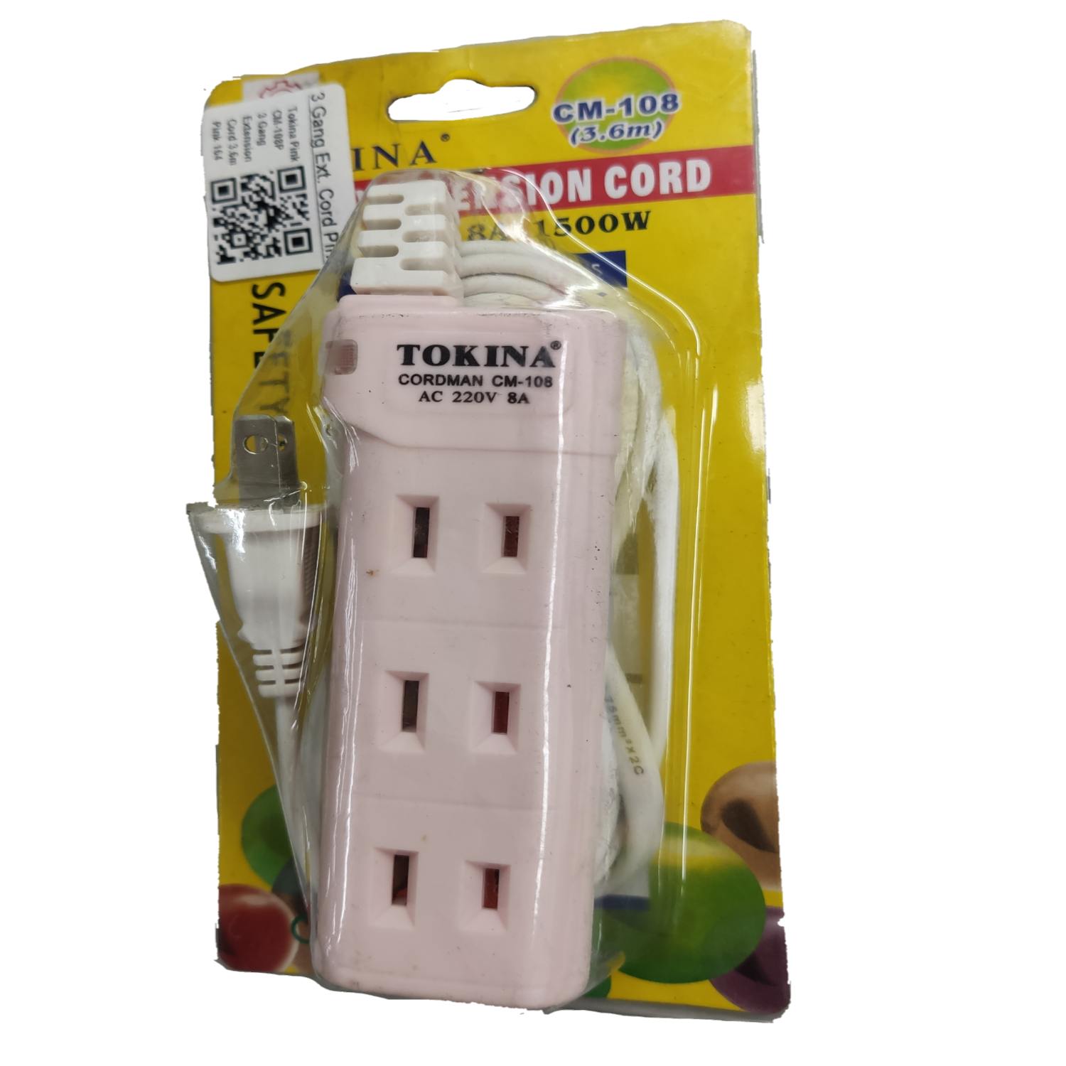 Tokina extension cord 3 gang power strip with three outlets and 3.6 meters cord length in packaging