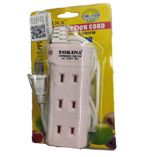 Tokina extension cord 3 gang power strip with three outlets and 3.6 meters cord length in packaging