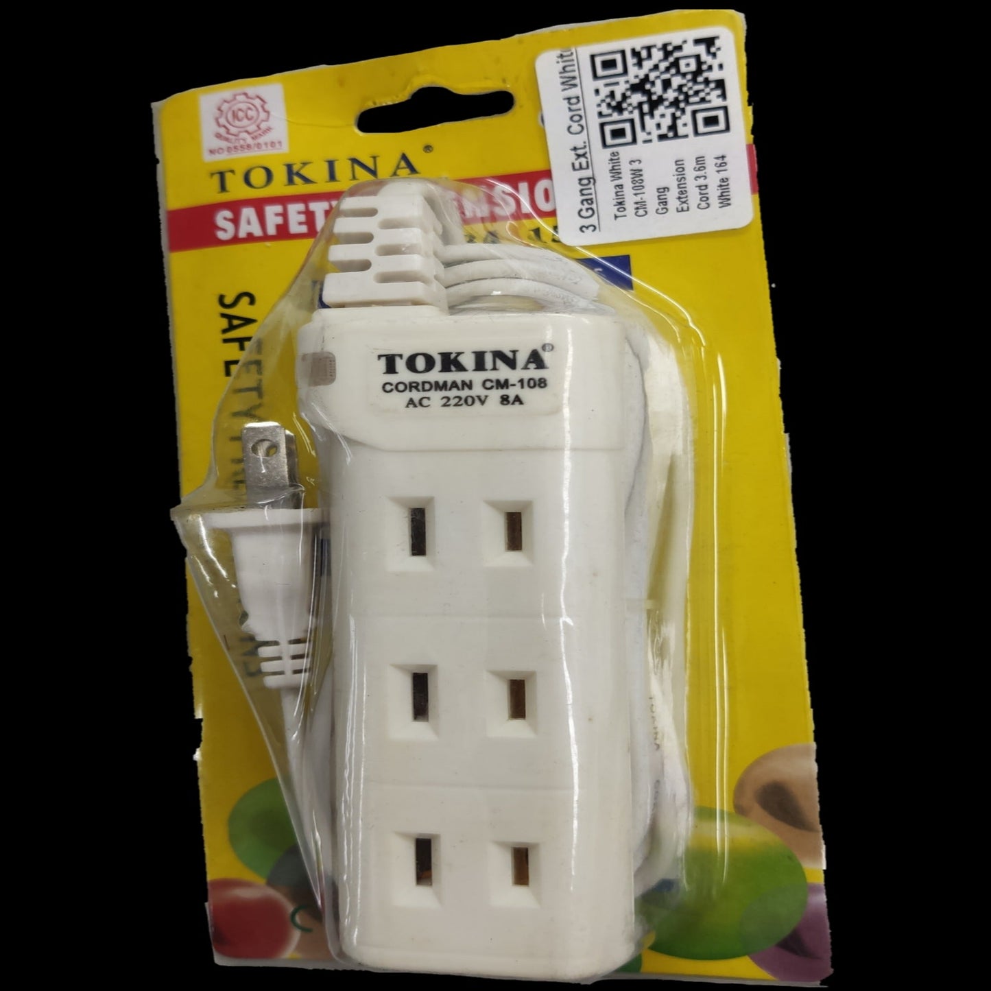 Tokina extension cord 3 gang white power strip with three outlets and attached cord