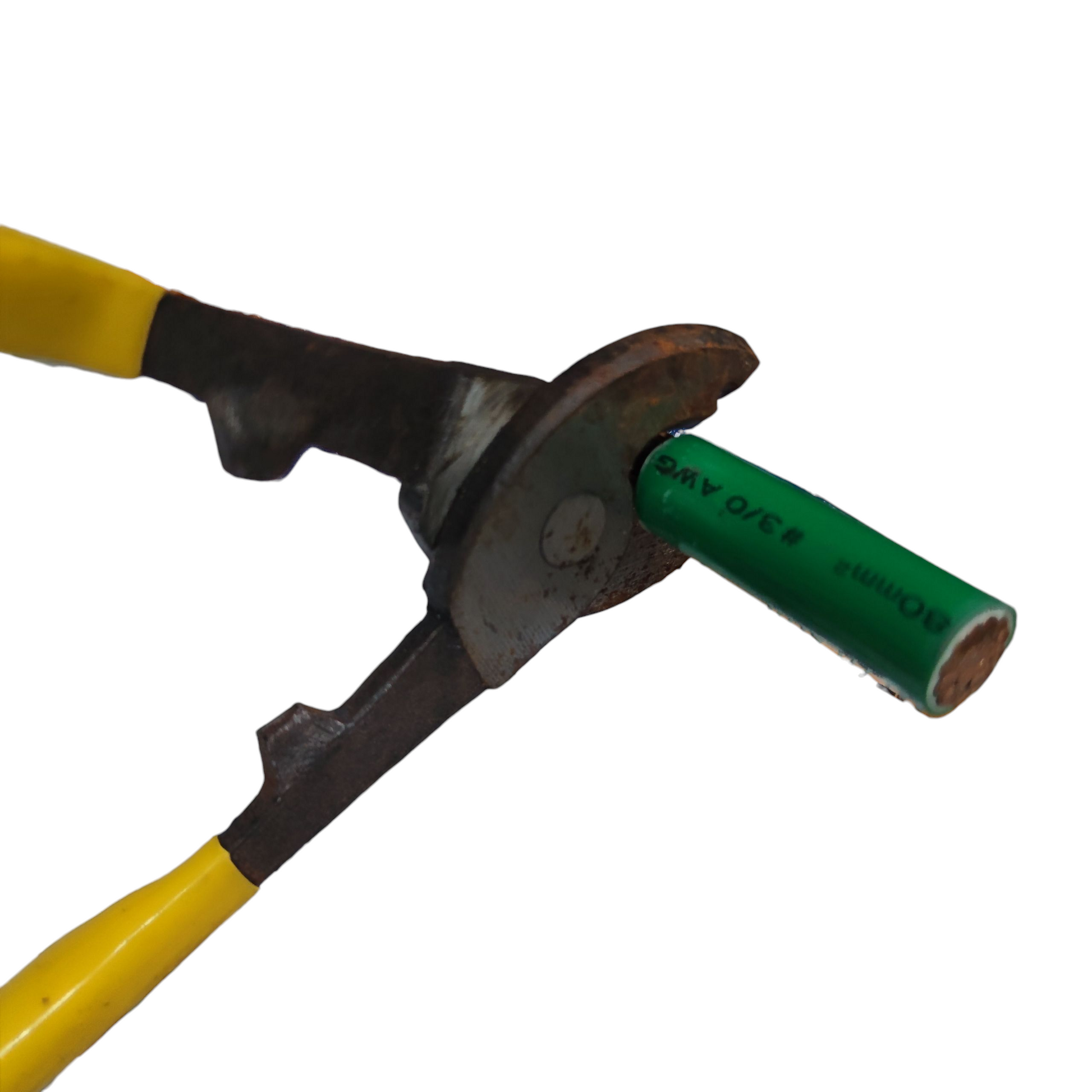 10 inch cable cutter with yellow handles cutting a green cable wire