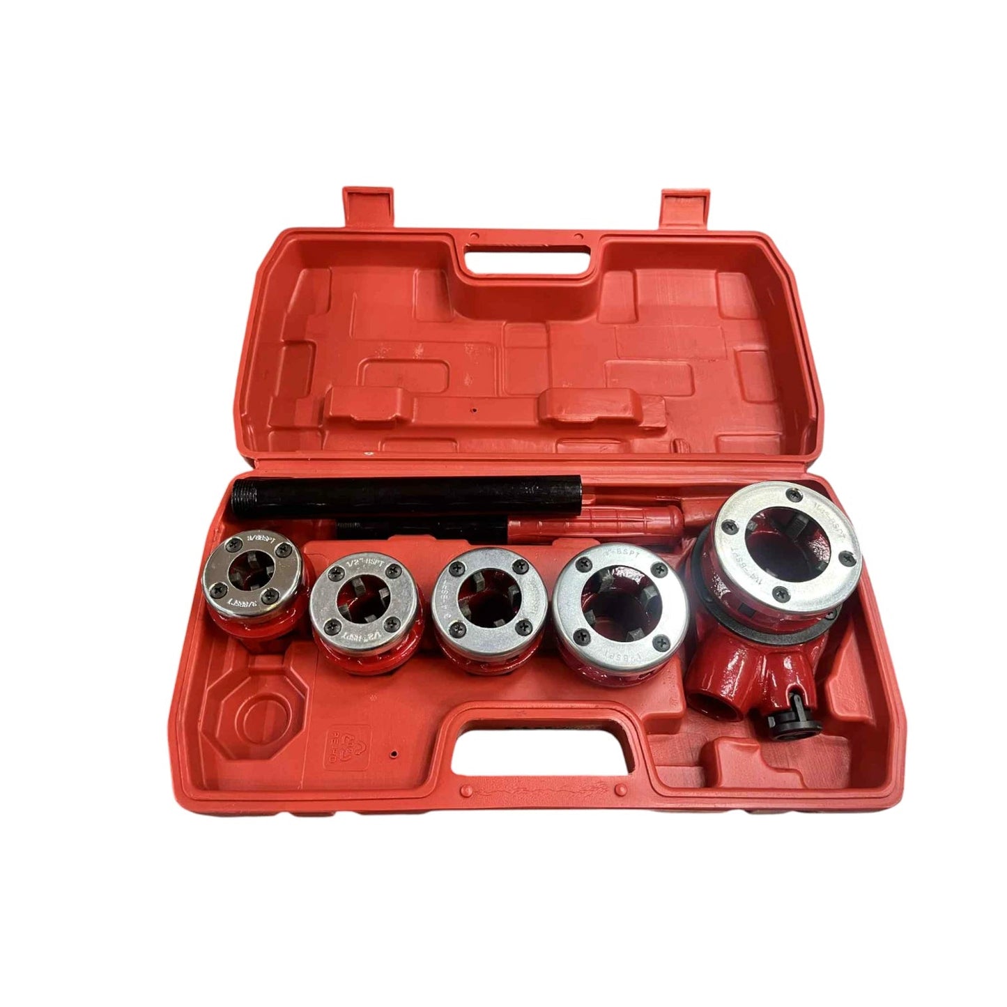 Red carrying case with ratchet head five round threading dies and handle for plumbing ratchet pipe threader set