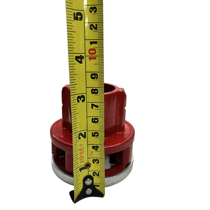 Red cast steel pipe threader head with tape measure indicating height for plumbing ratchet pipe threader set