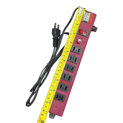 Red 6 gang extension outlet power strip with on off switch and measuring tape shown