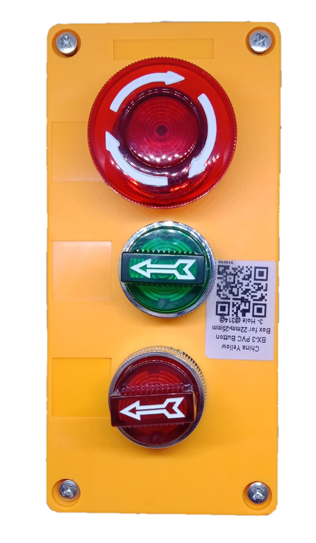 Auspicious illuminated emergency stop switch panel with red and green buttons on yellow base