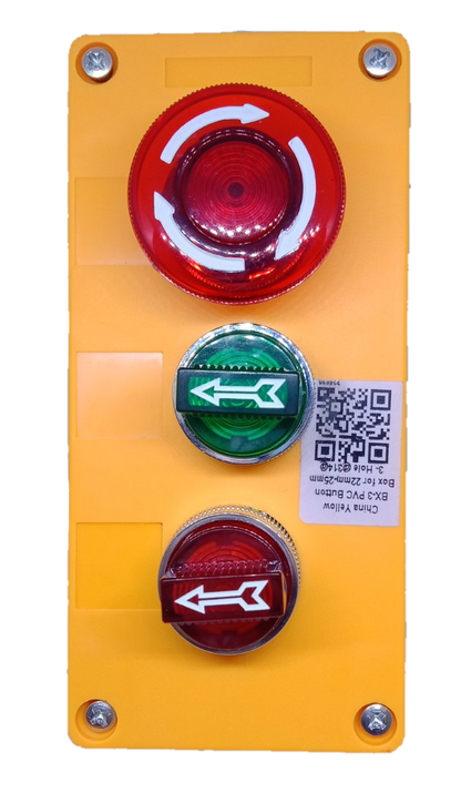 Auspicious illuminated emergency stop switch panel with red and green buttons on yellow base