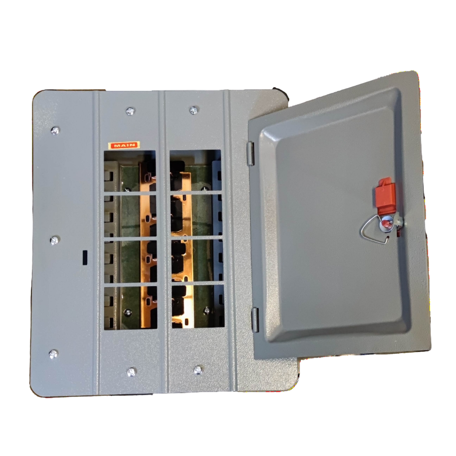 America 4x4 panel board TQL electrical circuit breaker box with open gray metal door