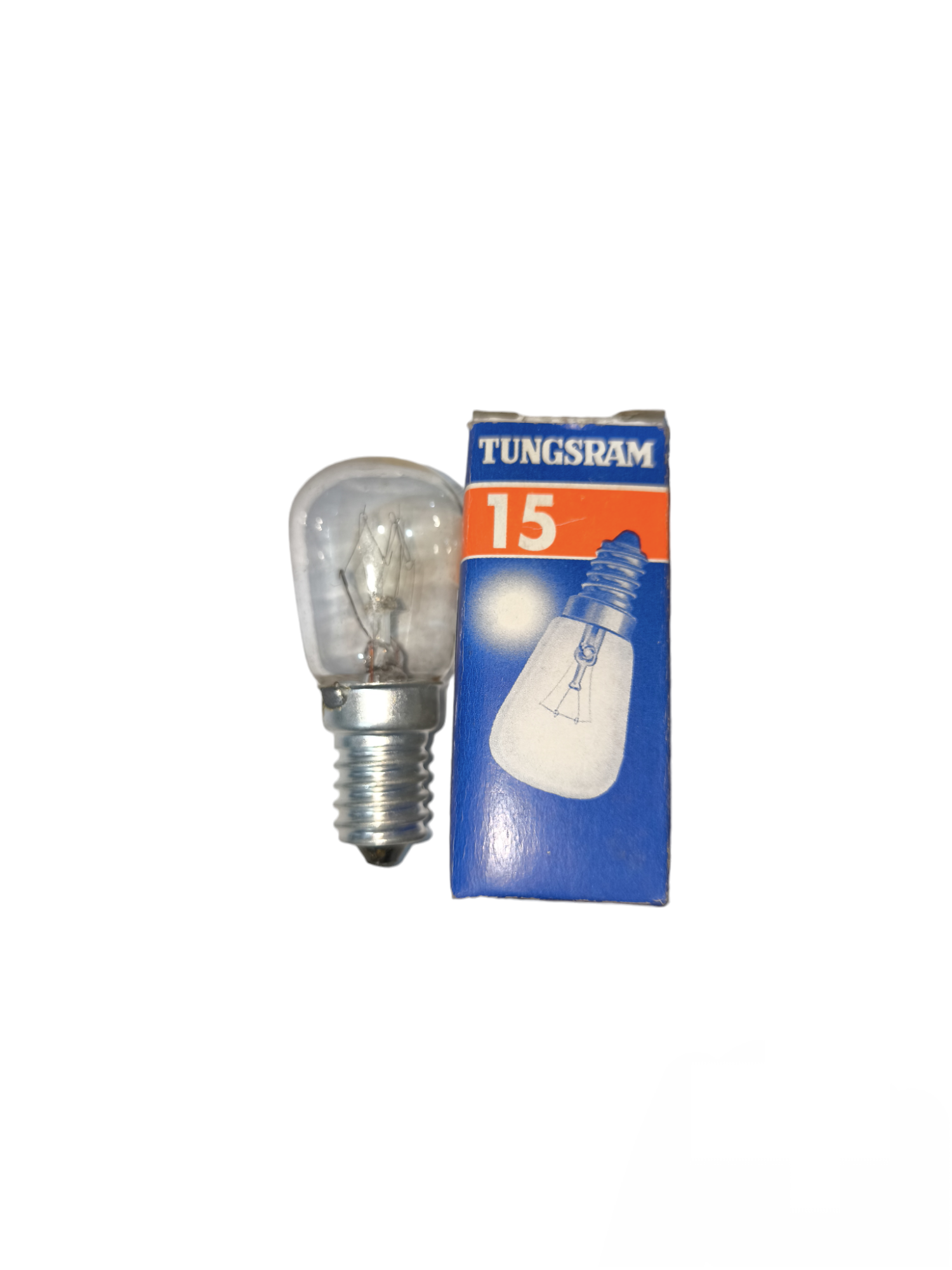 Tungsram 15W Pigmy Bulb E14 220V incandescent bulb with clear glass next to its blue and orange packaging box