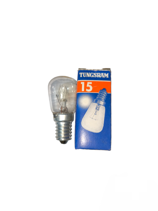 Tungsram 15W Pigmy Bulb E14 220V incandescent bulb with clear glass next to its blue and orange packaging box
