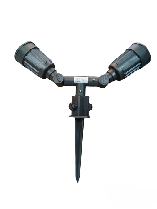 Twin Garden Lamp Holder 220V 200W outdoor lighting fixture with two adjustable black lamp holders on a ground stake