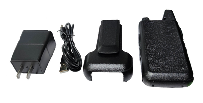 WLW Two-Way Radio 400-470Hz Black with charger, USB cable, and belt clip accessories