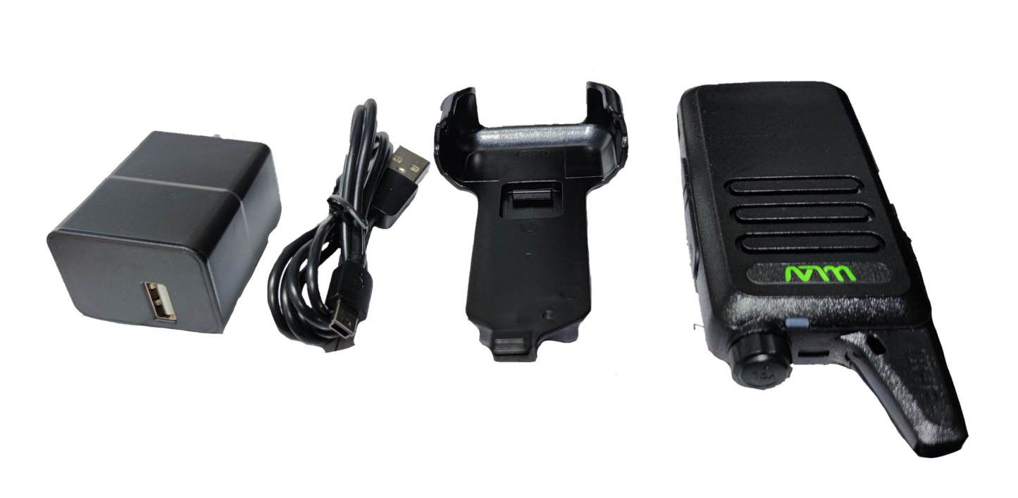 WLW Two-Way Radio 400-470Hz Black with charging dock, USB cable, and power adapter on black background