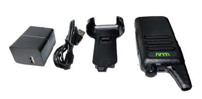 WLW Two-Way Radio 400-470Hz Black with charging dock, USB cable, and power adapter on black background
