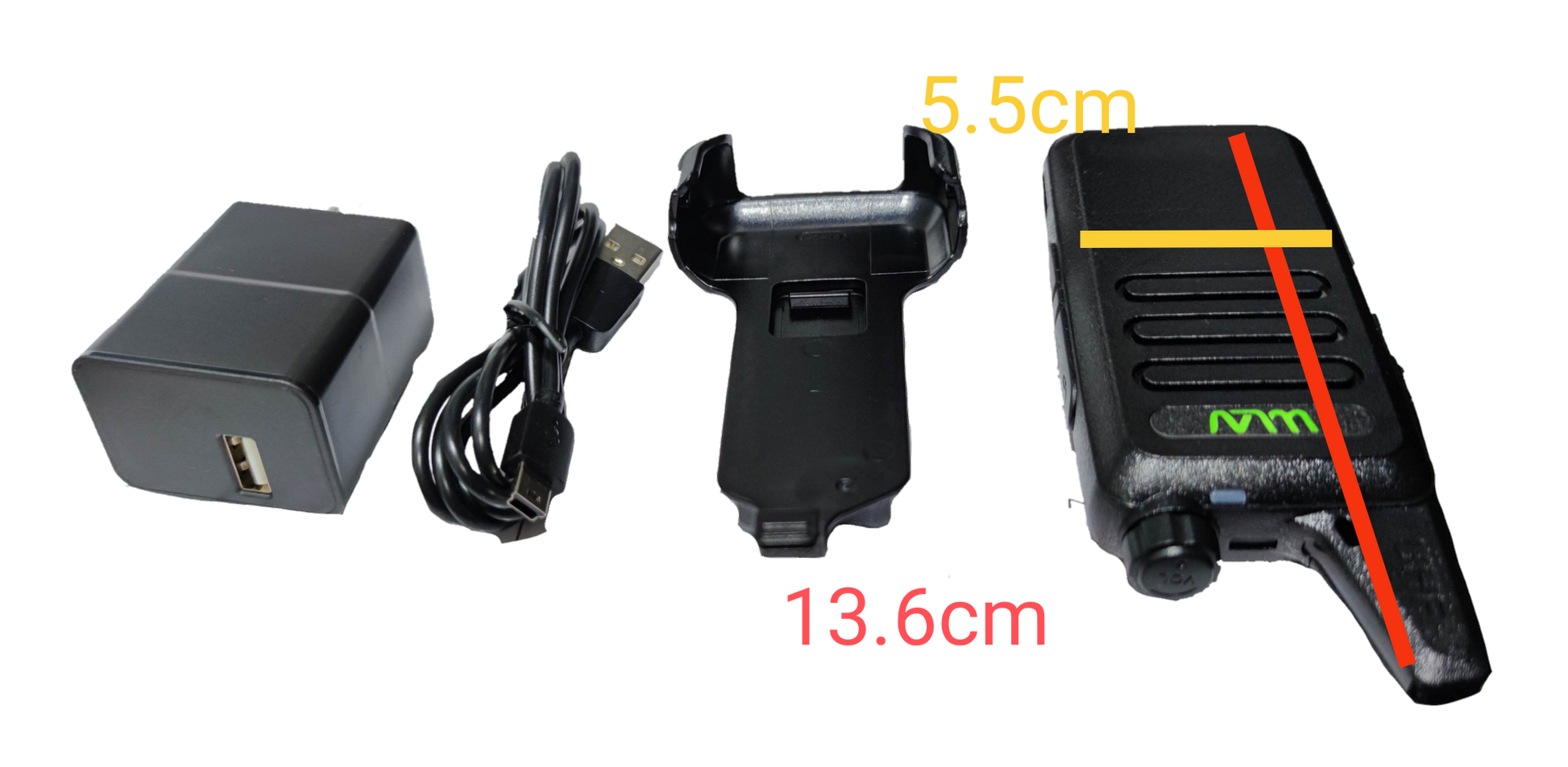 WLW Two-Way Radio 400-470Hz Black with charging dock, USB cable, and power adapter shown on black background
