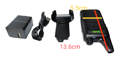 WLW Two-Way Radio 400-470Hz Black with charging dock, USB cable, and power adapter shown on black background