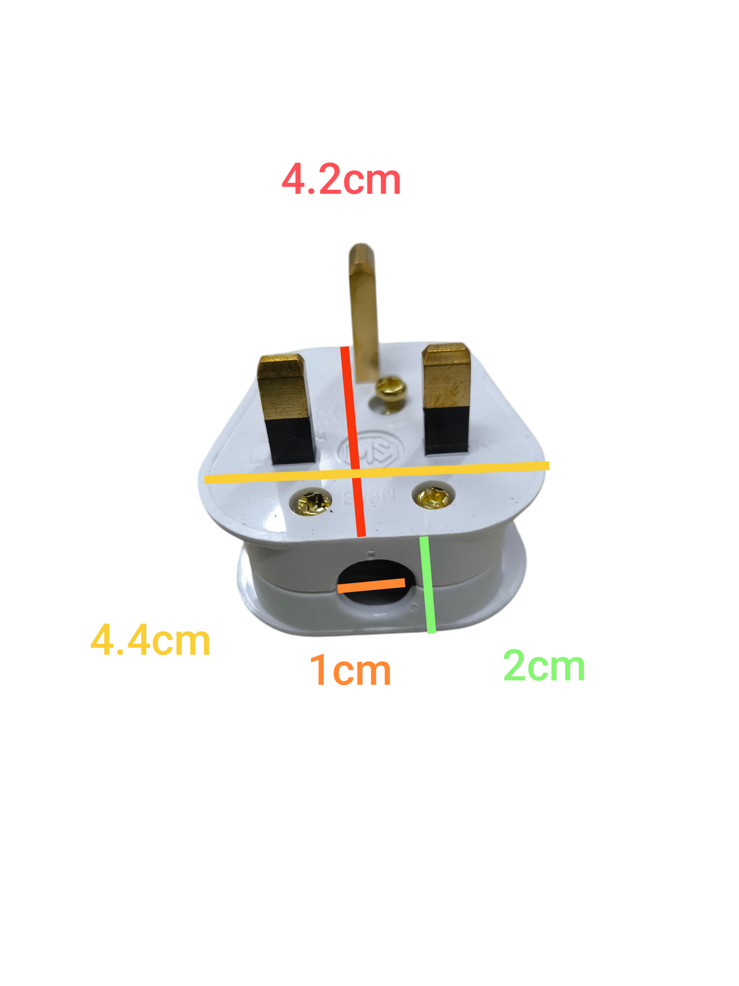 Type G Plug 13A 220V UK Plug with white body and brass prongs showing exact dimensions