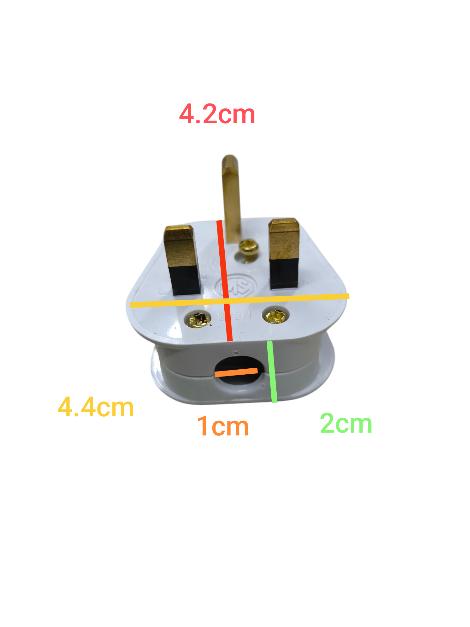 Type G Plug 13A 220V UK Plug with white body and brass prongs showing exact dimensions