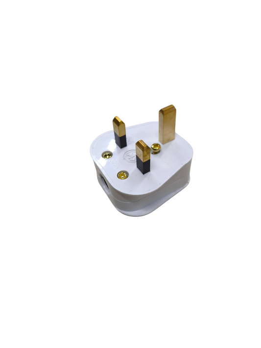 White Type G UK plug with fuse featuring three gold prongs for secure electrical connection