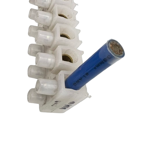 Sassin 100A 12 Pairs PVC Terminal Block white electrical connector with blue insulated wire on black background