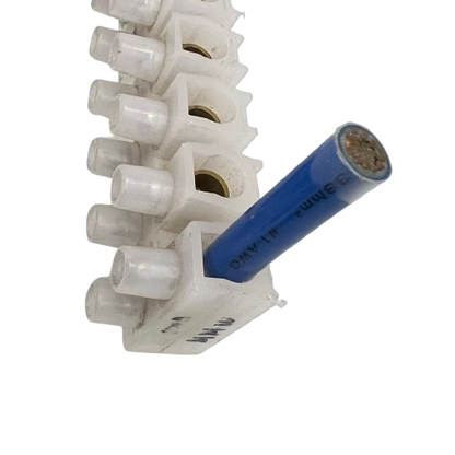 Sassin 100A 12 Pairs PVC Terminal Block white electrical connector with blue insulated wire on black background