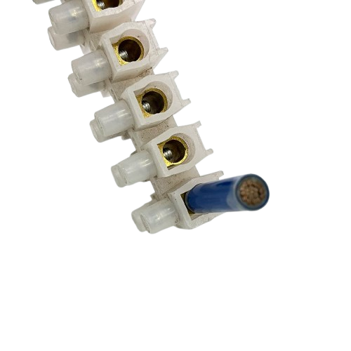 Sassin 100A 12 Pairs PVC Terminal Block white strip with brass contacts and blue insulated conductor